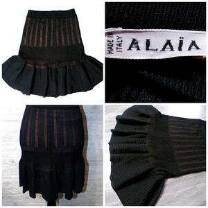 ALAIA Paris Black knit Skater Mini Skirt S Fit flare Ribbed Tiered Vtg Italy New